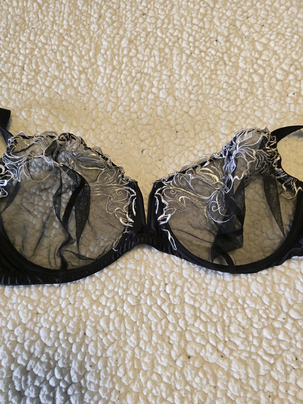 Cacique Black Sheer Underwire Bra with White Embroidery